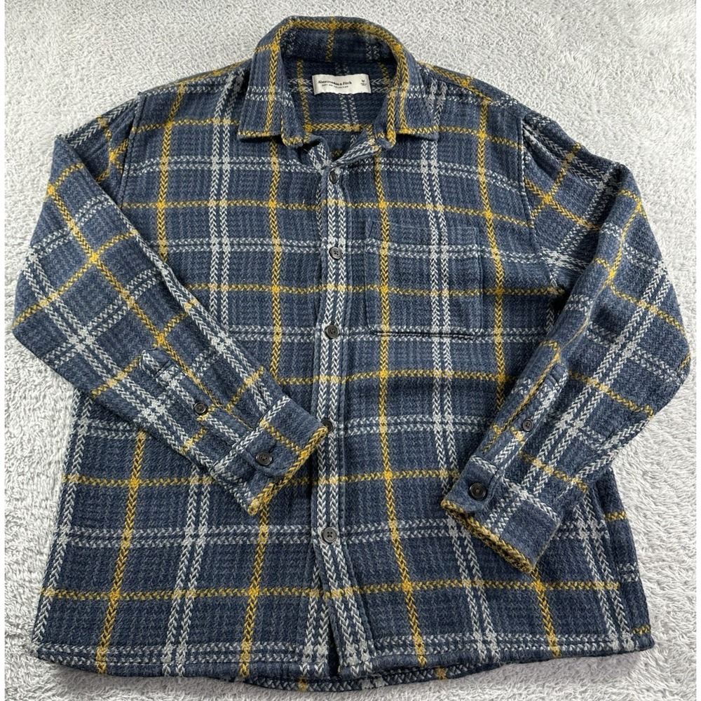 Abercrombie Fitch Knit Sweater Button Up Plaid Mens Medium Blue‎ A&F Soft